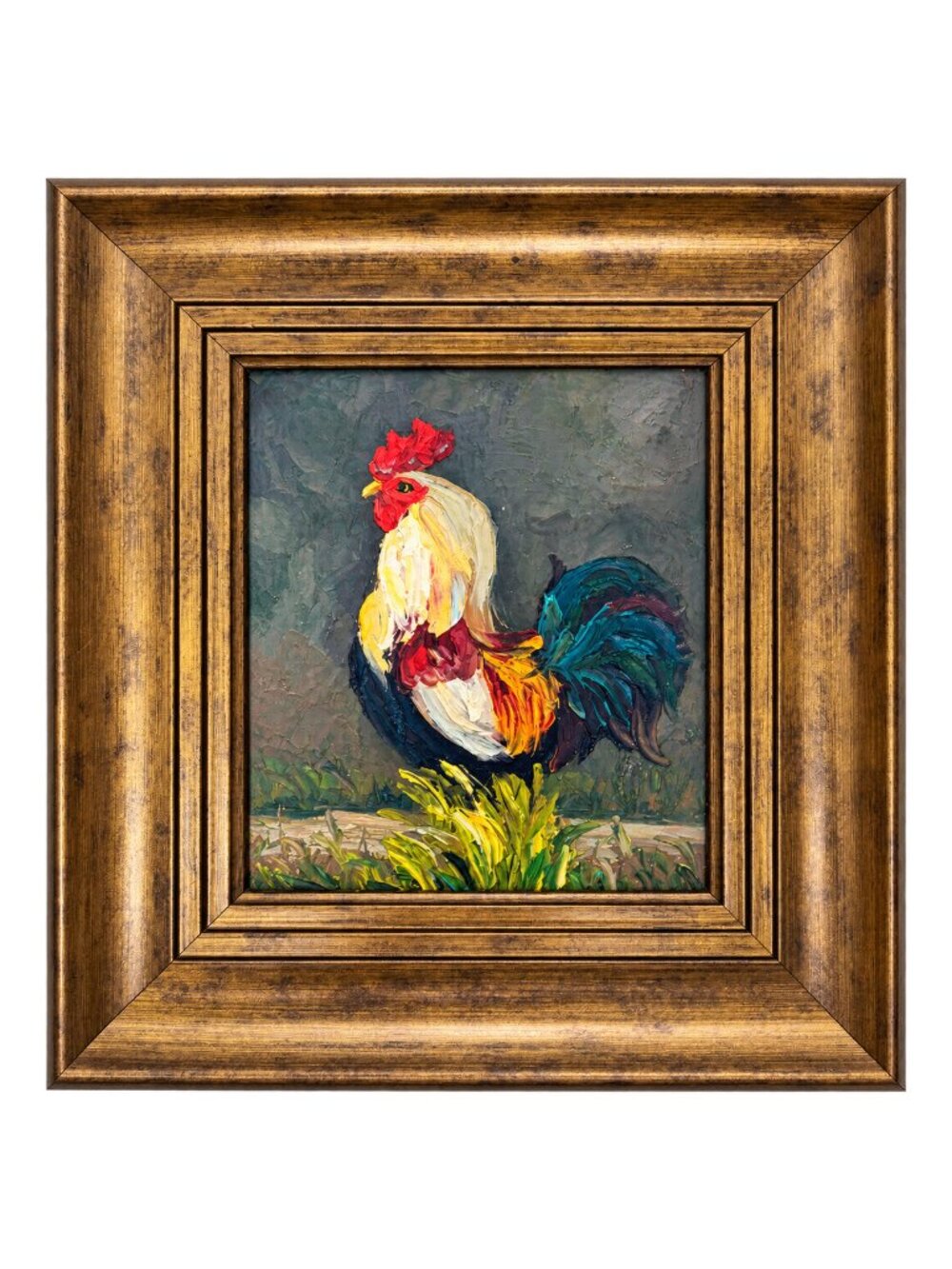 Vintage Impasto Rooster Painting Framed Folk Art Farmhouse Country Wall Canvas